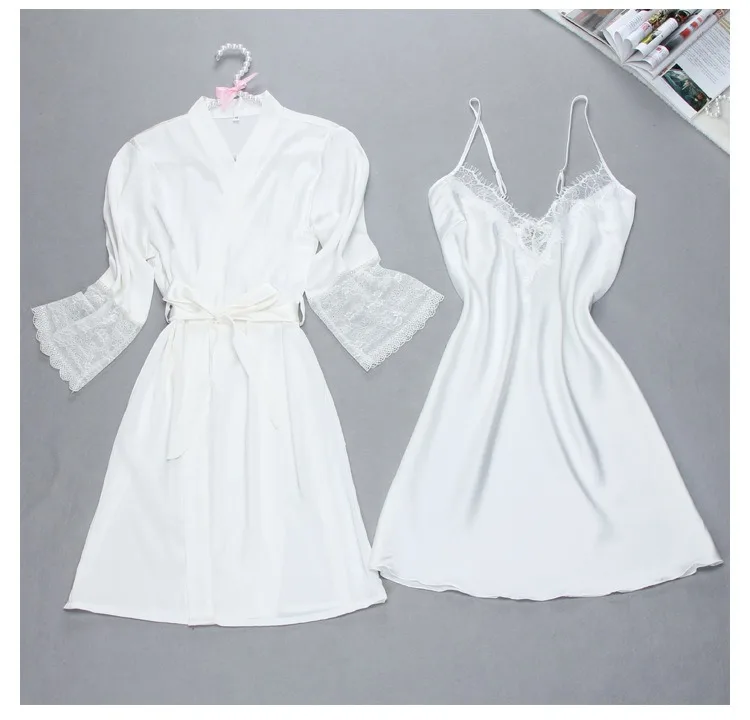 Сексуальные женские Кружево Satin Robe платье однотонные мягкие ночная рубашка кимоно халат пижамы свадебные туфли невесты Халаты