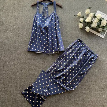 

Summer Pajamas Women's Sexy Backless Top Shirt with Narrow Straps Trousers Fashion Pajamas Suit Polka Dot Printed Silk Home Wear