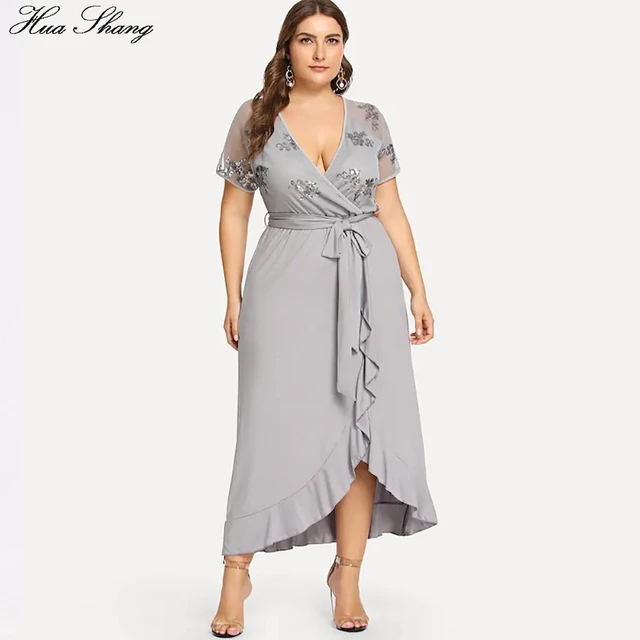 Women Summer Casual Dress Plus Size Female V Neck Short Sleeve Sequied Party Dresses Ruffles Irregular Maxi Long Dress 3