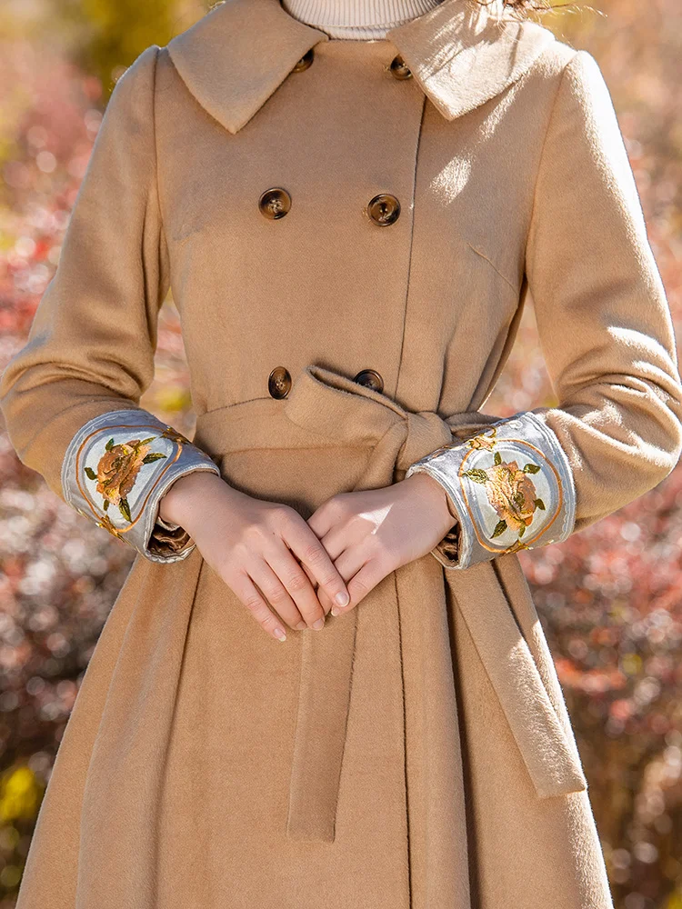 Free Shipping Boshow Long Knee Length Winter Vintage Trench Dresses For Women Outerwear S-L Embroidery Double Breasted Wool Coat