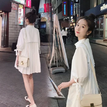 

6632# 7/10 Sleeve Back Pleated White Maternity Blouses Spring Summer Loose Shirt Clothes for Pregnant Women Pregnancy Tops