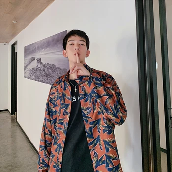 

Vacation Streetwear Oversized Long Sleeve Leaf Print Blouse Holiday Top Shirt Punk Hip Hop Harajuku Cardigans Blusas Tee Jackets