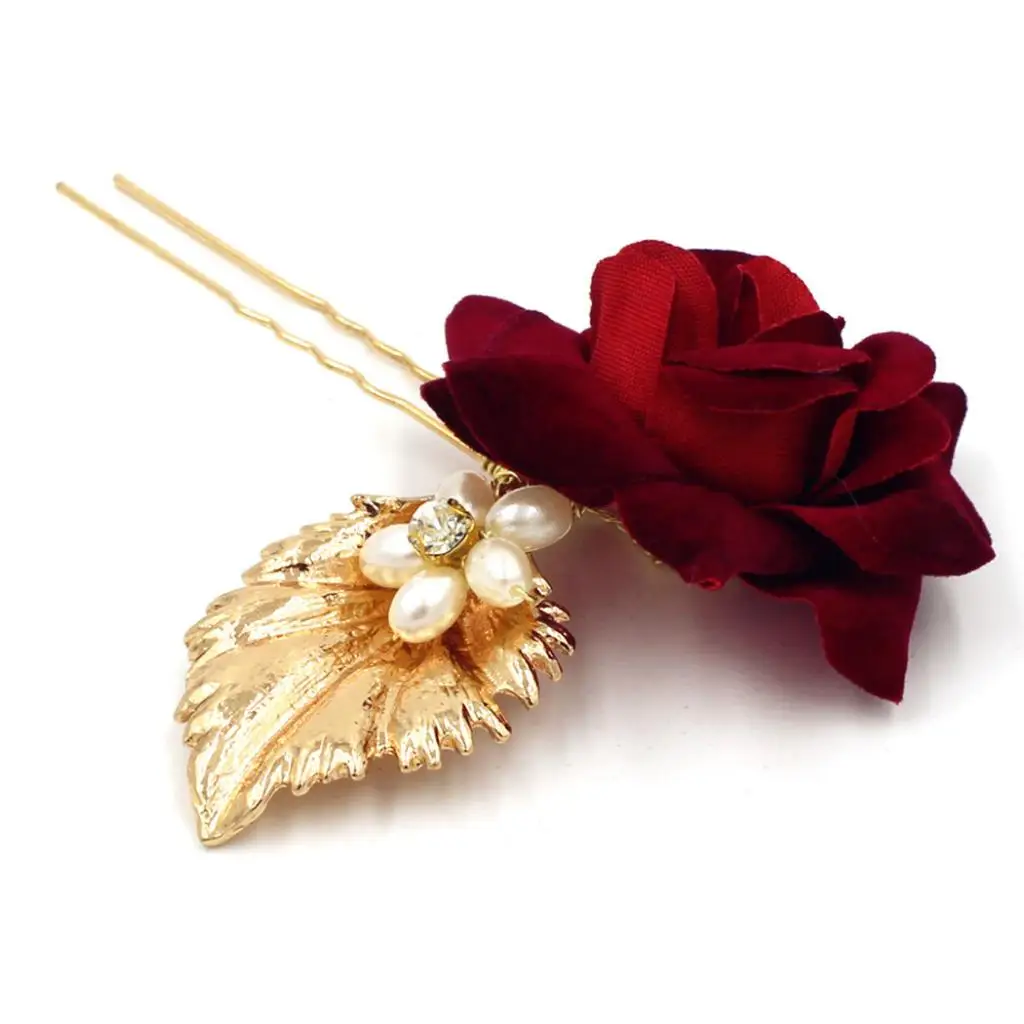 Bridal Pearls Hair Pins Clips Floral Barrette Red Rose Party Hair Jewelry