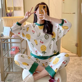 

2020 Spring Autumn Cotton Print Pajama Sets for Women Korean Long Sleeve Sleepwear Homewear Loungewear Pijama Mujer Home Clothes
