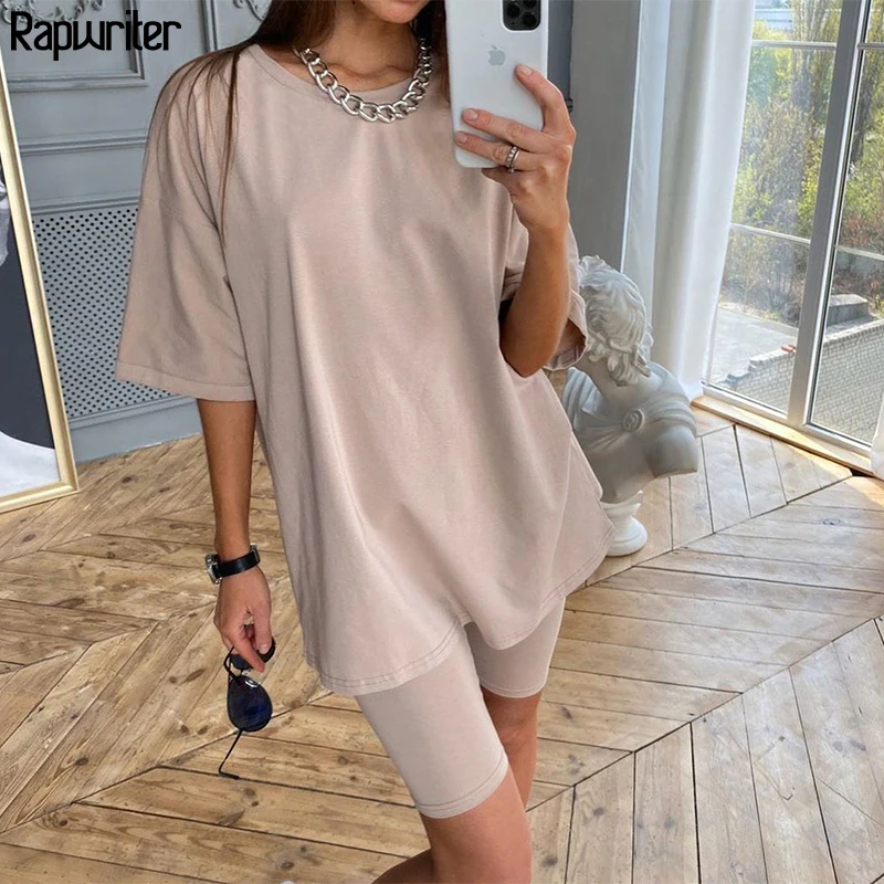 Rapwriter Solid Summer Oversized Tshirt And Shorts Two Piece Set Women Slim Shorts Long Tee Shirt Outfits Femme Biker Track Suit Rapwriter Solid Summer Oversized Tshirt And Shorts Two Piece Set Women Slim Shorts Long Tee Shirt Outfits Femme Biker Track Suit
