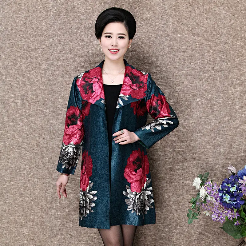 

2019 Fall Spring Vintage Woman Clothes , Womens Loose Printed Floral Green Red Trench Coat , 4xl Cardigan Long Coats for Women