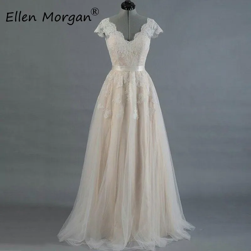 

Cheap Summer Beach Long Wedding Dresses 2020 Sexy V Neck Lace Appliques Embroidery Tulle Pattern Floor Length Boho Bridal Gowns