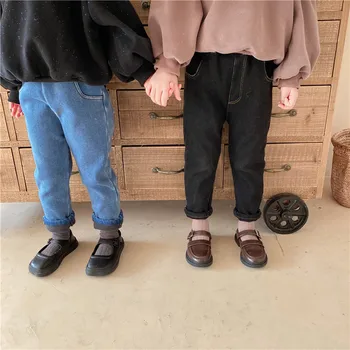 

Winter Children plus velvet jeans Korean style solid girls thicken warm denim pants kids all-match casual trousers for baby girl