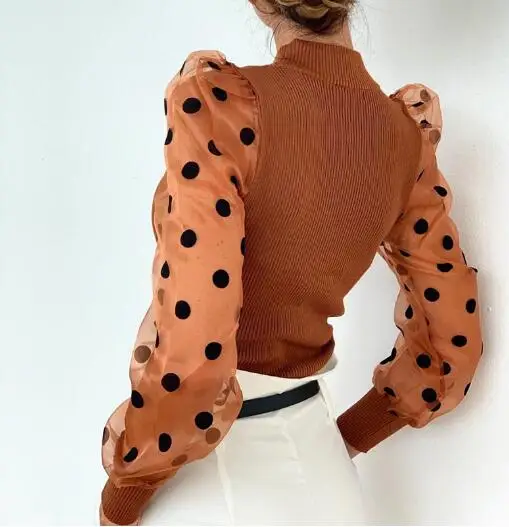 

2020 Women Autumn Mesh Puff Long Sleeve Ribbed Knitted Shirt Loose Casual Polka Dots Tops Elegant Turtleneck Party Clubwear