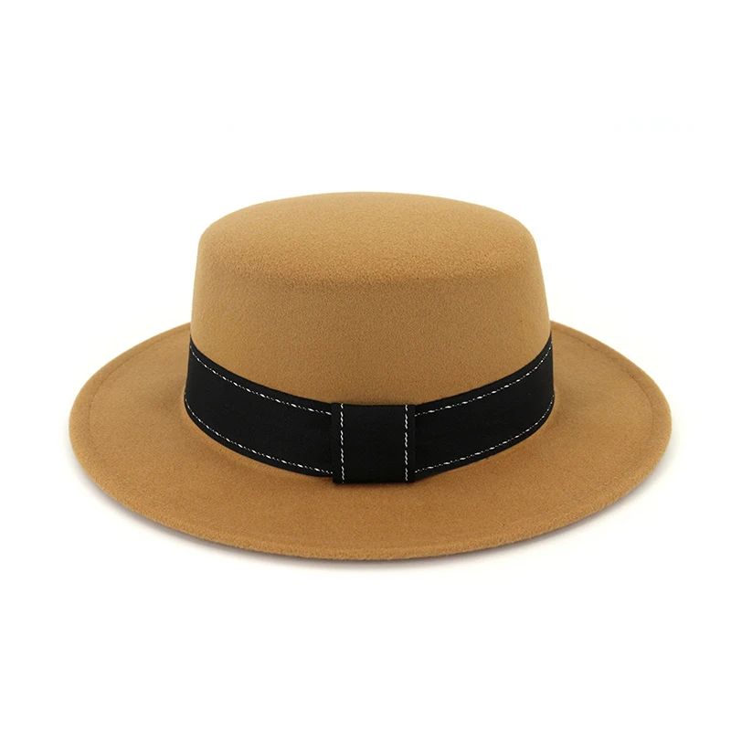 Camel fedora FS Wo, мужская шапка-котелок, Осень-зима, шерстяной джазовый фетр, фетровые шляпы для мужчин, с широкими полями, Трилби, Кепка из свиного пирога, сомбреро, с черной лентой - Цвет: Camel fedora