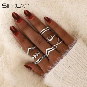 

Sindlan 7Pcs Simple Antique Geometric Moon Charm Rings for Women Punk Fashion Boho Joint Finger Rings Set Jewelry Accessories