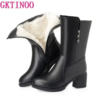 

GKTINOO Winter Boots Wool Fur Inside Warm Shoes Women Genuine Leather Shoes High Heels Boots Footwear Botas Big Size 35-43
