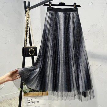 

2020Fashion Layer Tulle See Through Elastic Waistline Summer Gradient Color Elastic High Waist A Line skirt