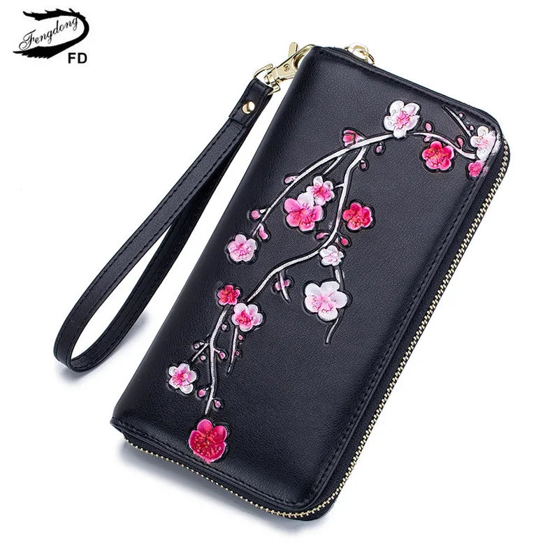 

Fengdong womens wallets and purses smart anti rfid long wrist wallet leather purse girls phone wallet vintage flower card holder