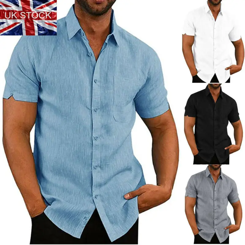 Mens Luxury Short Sleeve Summer Solid Shirts Male Fashion Single Breasted Button Down Collar Casual Loose Dress Soft Tops UK | Мужская