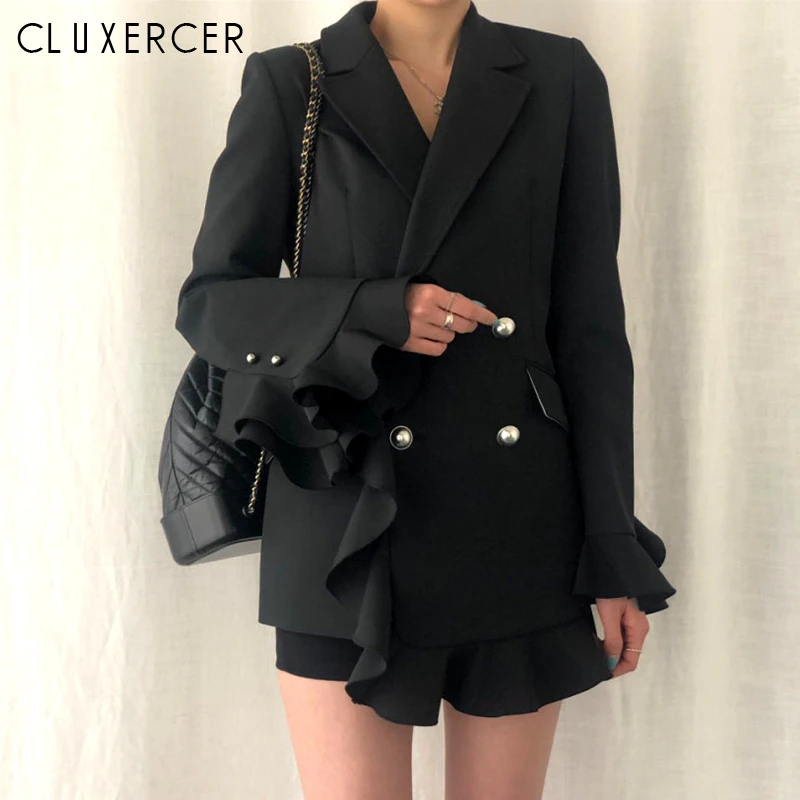 

2019 New Autumn Ruffle Pearl Suit Jacket Women Streetwear Long Sleeve With Belt Double Breasted Blazer Feminine Black Suit Coat