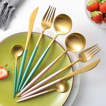 

24 Pcs / Tableware Set Green Blue Pink Black Gold Tableware 304 Stainless Steel Tableware Glass Tableware Set