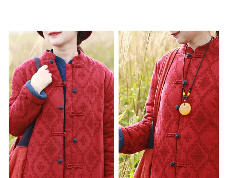 LZJN 2019 Winter Jacket Women Stand Collar Quilted Overcoat Long Chinese Parka Jacquard Autumn Coat Pocket Winterjas  (31)