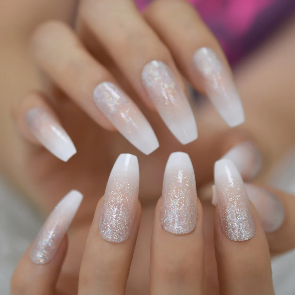 Long Holo Glitter Pink Nude Gradient Natural Ombre French Ballerina Coffin Press On False Fake Nails Party Salon Finger Wear False Nails Aliexpress