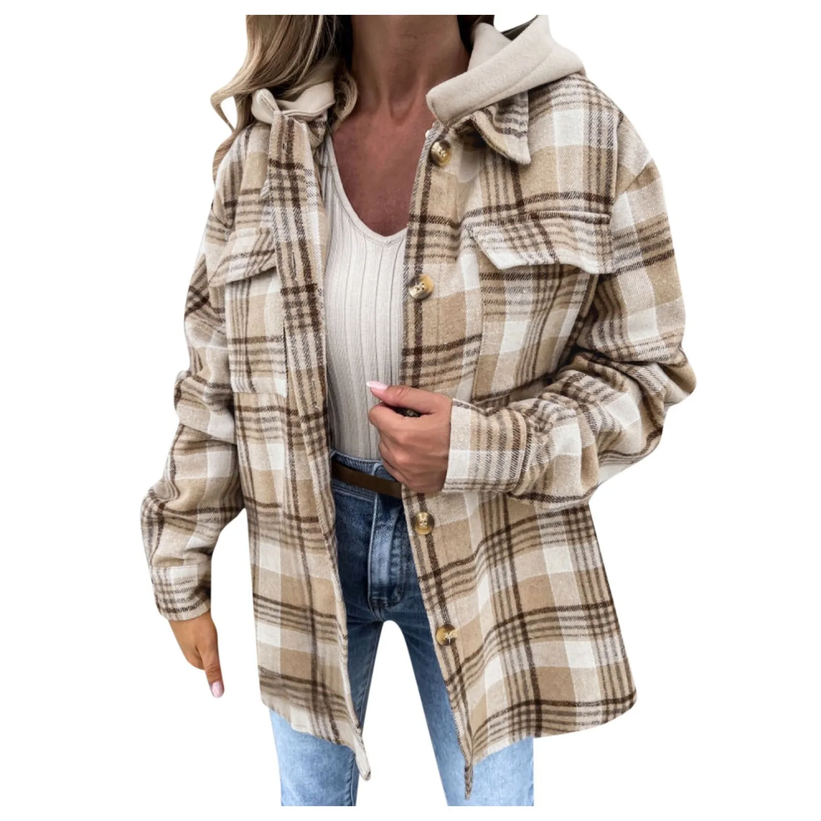 Fashion Hooded Plaid Button Down Lapel 