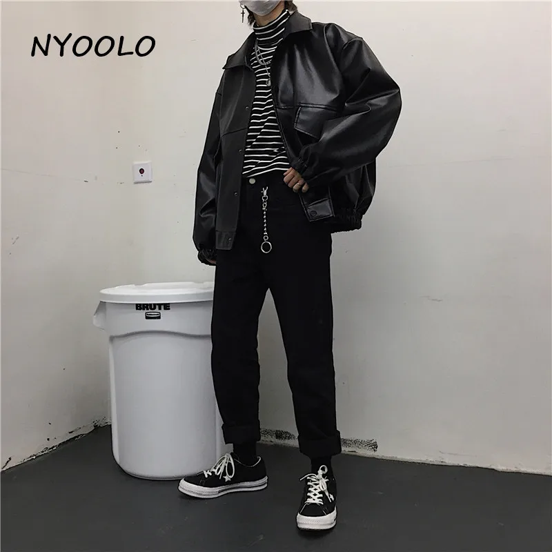 NYOOLO Autumn Winter street pockets motorcycle jacket Casual loose Covered Button PU leather Bomber jackets women men outerwear
