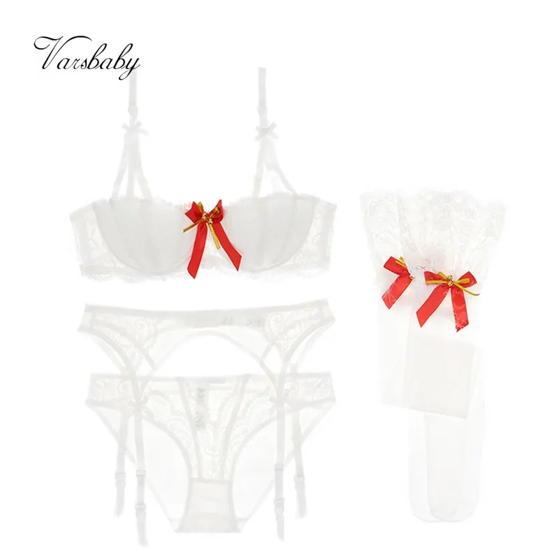 Varsbaby, сексуальный комплект нижнего белья с большим красным бантом, чашка 1/2, 4 шт., бюстгальтеры+ трусики+ подвязки+ чулки для женщин