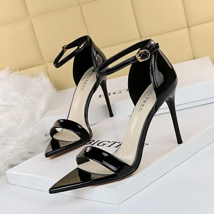 

BIGTREE 2021 New PU Leather Sandals Women Sexy Pointed Toe Nightclub Stripper Heels Fashion Ankle Chain Buckle Strap Shoes