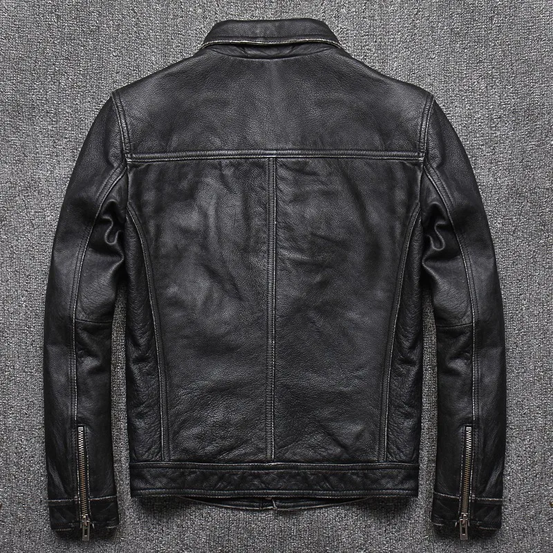 

Black Vintage Genuine Leather Jacket Men 100% Cowhide Motorcycle Jacket Solid Lapel Zipper Real Leather Biker Coat Mens Clothes