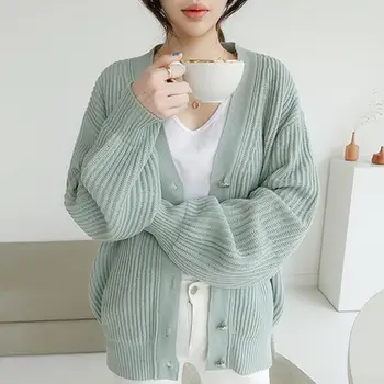 

Fall Women's Casual Button Solid Cardigans Loose Knitted Long Sleeve V-Neck Cardigans Lantern Sleeve Single Breasted Sweaters