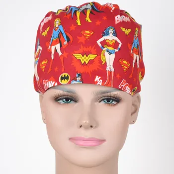 

Hennar wome Cotton Scrub Caps Masks Hospital Medical Hats Print Hero Adjustable Section Unisex Surgical Caps Mask in red