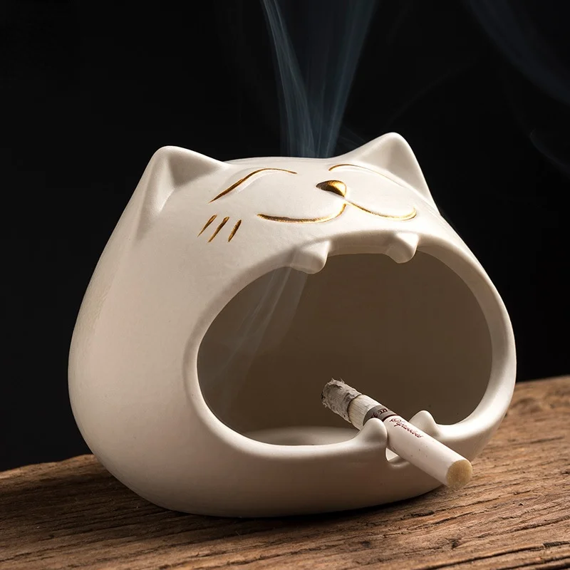 Ceramic Cute Cat Ashtray Cartoon Animal Car Ashtray Windproof Large capacity Ash Storage