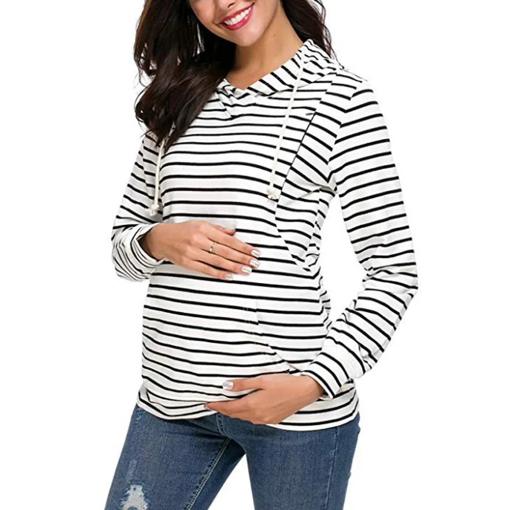 ENXI Stripe Pregnancy Shirt Breastfeeding Clothes Autumn Long Sleeve Maternity Clothes Mom Fashion Nursing Top