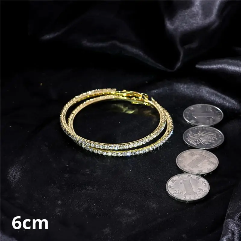 Негабаритный Золотой/серебристый блестящий цвет обруч с кристаллами серьги для женщин большие круглые стразы креольские вечерние серьги 20 до 100 мм