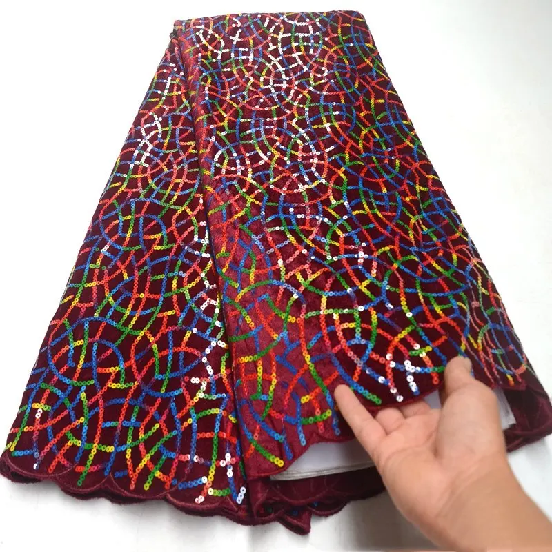 

African Lace Fabric 2019 High Quality Lace Wine Velvet French Net Embroidered Nigerian Lace with multicolors Sequins DG401