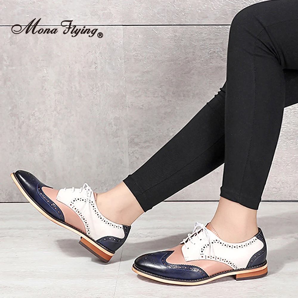 Mona Flying Women's Oxfords Wingtip Chic Leather Hand-made Comfort Multi Color Derby Casual Flat Lace-up ladies Shoes B098-6