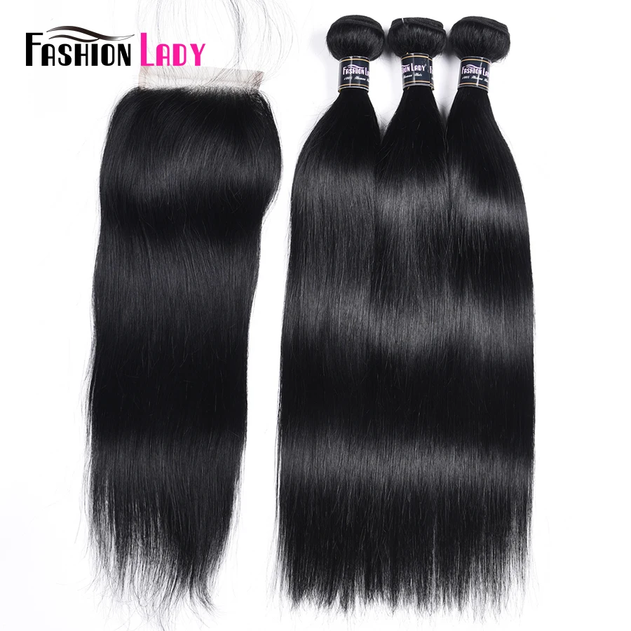 Brazilian Straight Hair Bundles With Closure 3/4 Bundles Fashion Lady Pre-Colored 1# Jet Black Bundles with Closure Non-Remy