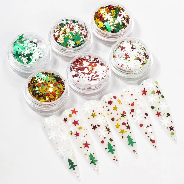 6Pcs/Set Christmas Manicure Art Decoration Snowflake Christmas Tree Snowman Pentagram Set Sequins DIY Nail Design Accessories 6pcs