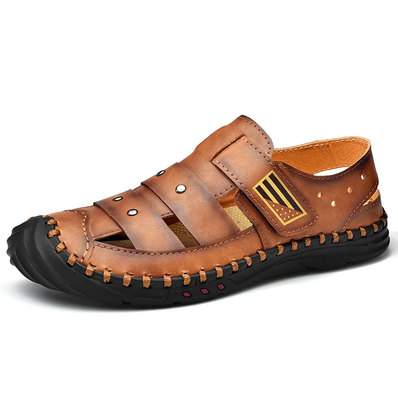 

Sandalias Hombre Closed Toe Large Size Handmade Sewing Hollow Casual Shoes Men Sandals Summer Genuine Leather Pria Sandales