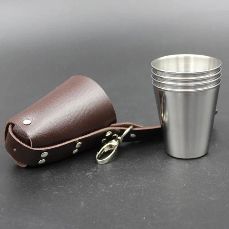 4pcs/set 70ml Mini Stainless Steel Wine Drinking Shot Glasses With Leather Cover Bag Barware Cup Portable Outdoor Travel Cup