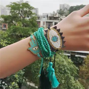 

SHINUS BOHO MIYUKI Bracelet Evil Eye Bracelet Hamsa Bracelet Pulseras Green Crystal Ms. Fringe Handmade Insta Fashion 2020