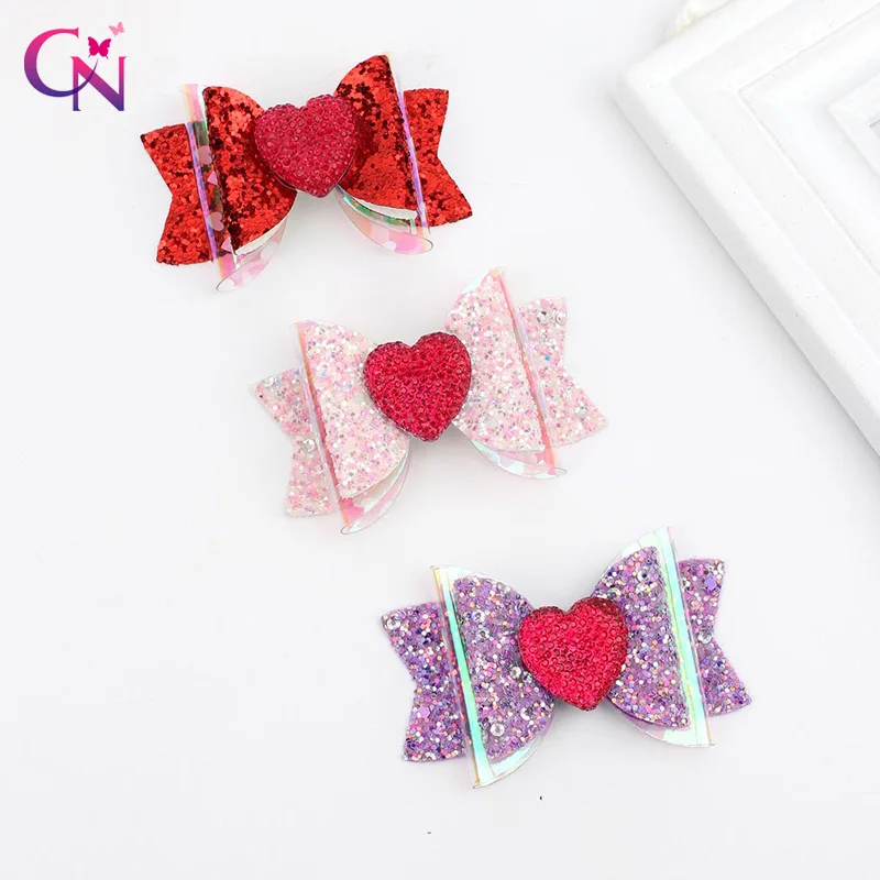 

CN 6 Pieces/Lots 3" Glitter Valentine Hair Clips For Girls Kids Stack Heart Hair Bows Hairpins Valentine Hair Accessories