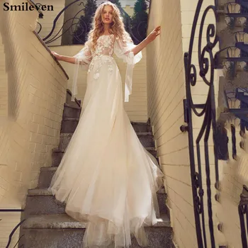 

Smileven Puff Sleeve Wedding Dress 2020 Boho 3D Appliques Blaceless Vestido De Noiva Tulle Lace Bridal Dresses Custom Made