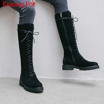 

Krazing Pot basic genuine leather breathable lace up round toe med heels winter keep warm women balck colors knee high boots L96