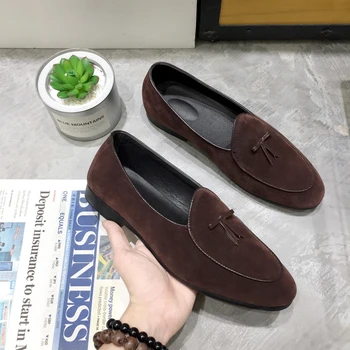 

2021 Suede Loafers Men Slip Slippers Tassel Moccasins Man Casual Flats Men's Dress Shoes Italian Leather Slip On Shoes Luxury