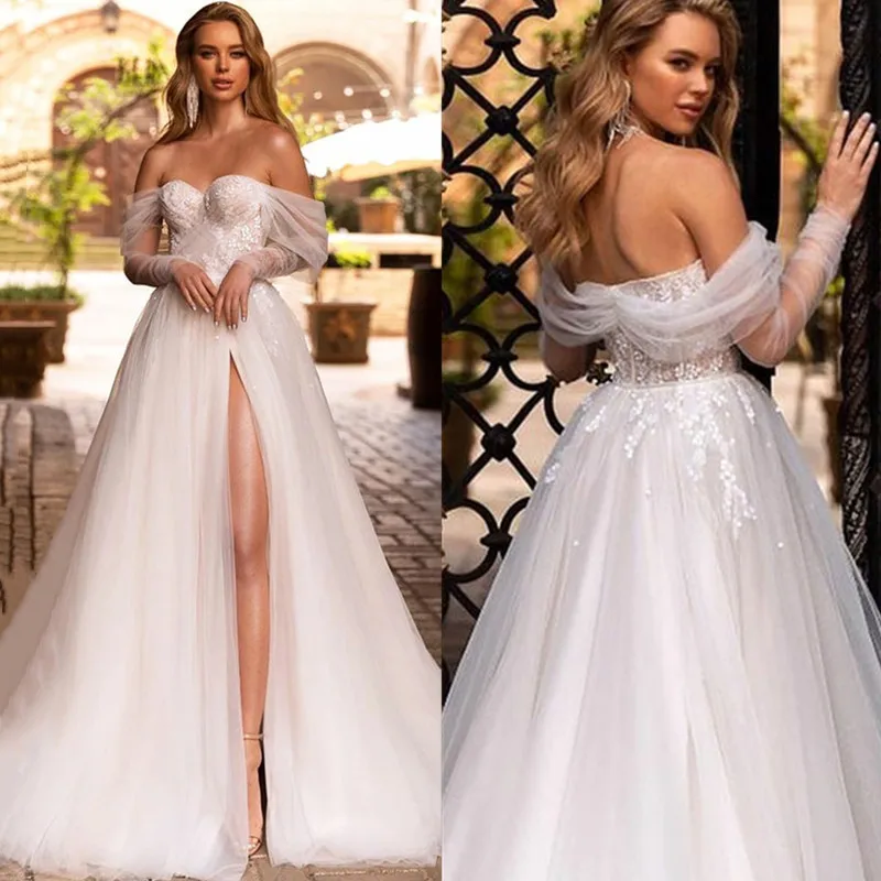 

Boho Boat Neck A-Line Wedding Dress 2023 Long Sleeves Lace Split Sexy Backless Tulle Wedding Gowns For Bridal Robe De Mariee