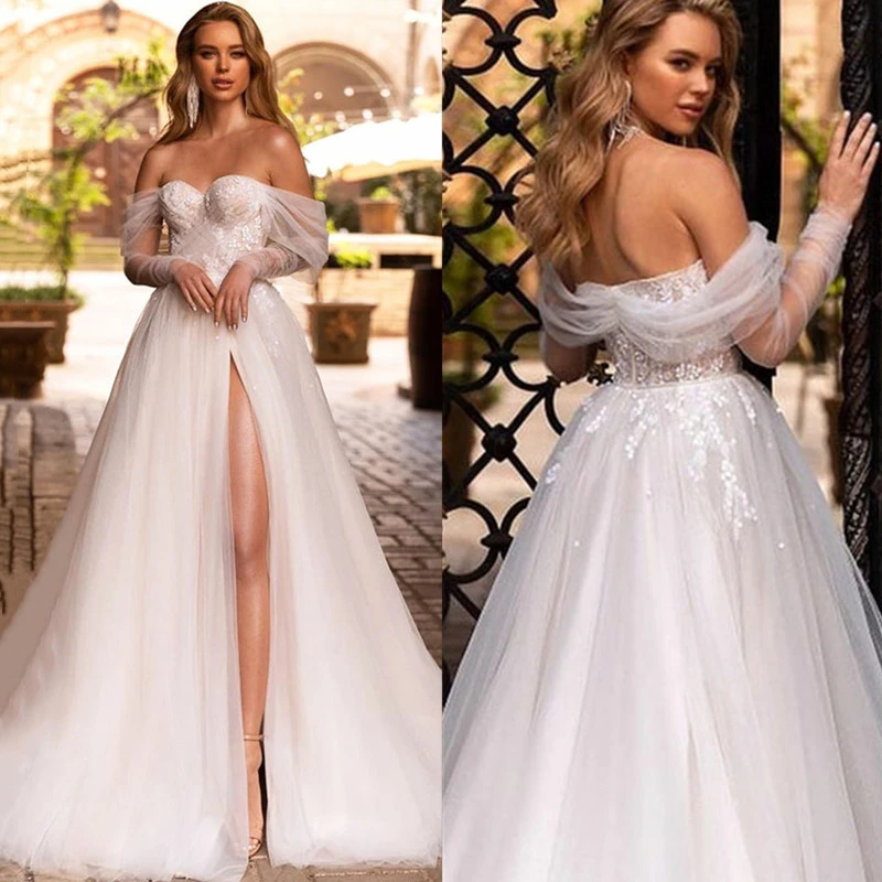 Boho Boat Neck A-Line Wedding Dress 2021 Long Sleeves Lace Split Sexy Backless Tulle Wedding Gowns For Bridal Robe De Mariee winter wedding dresses