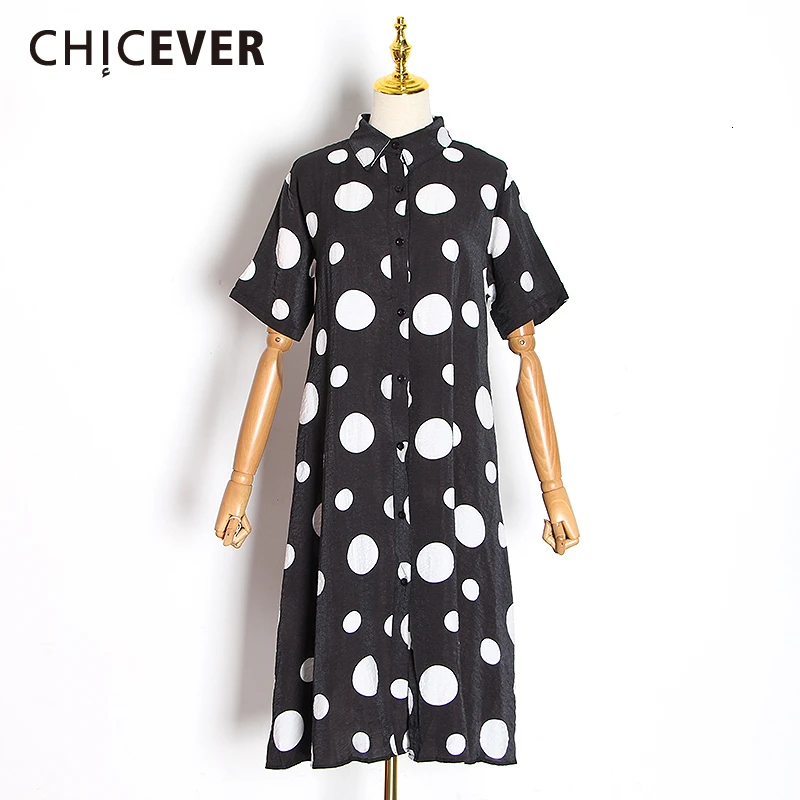 CHICEVER женское платье в горошек, хит цвета, воротник с лацканами, короткий рукав, большие размеры, повседневные платья миди, Женская мода, одежда