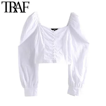 

TRAF Women Sexy Short Style Blouses Vintage Fashion Buttons V Neck Long Sleeve Back Elastic Side Zipper Sweet Shirts Chic Tops
