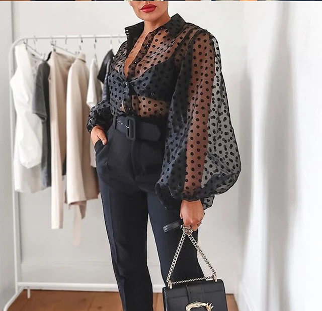 US $5.39 New Women Mesh Sheer Blouse See-through Lantern Long Sleeve Blouse Fashion Pearl Button Transparent