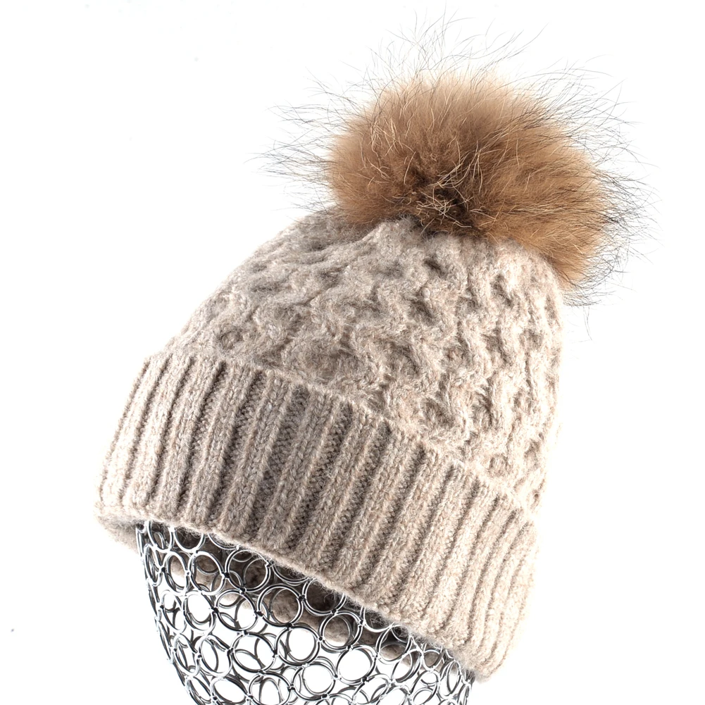 Женская зимняя шапка женская теплая вязаная шерстяная шапка с шапкой из натурального меха с помпоном для девочек сплошной цвет вязаная шерстяная шапки